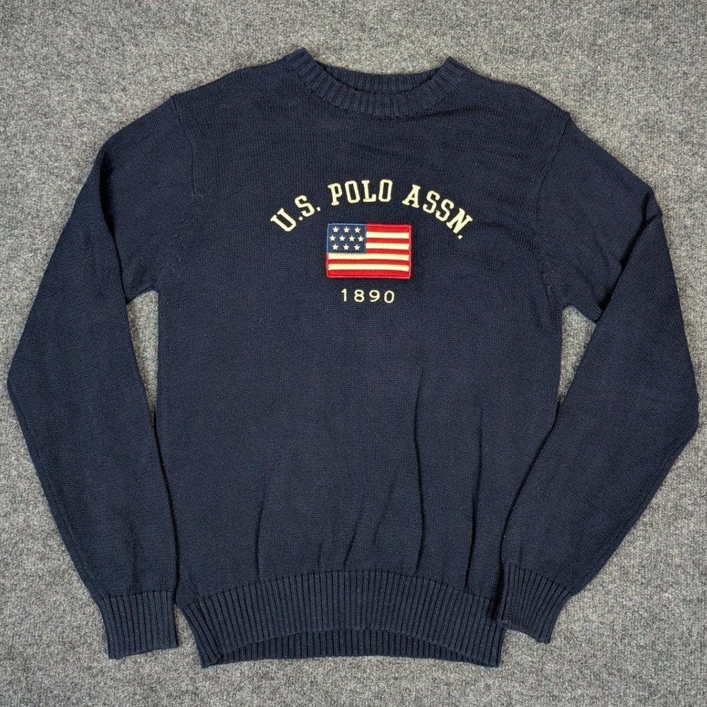 US Polo Assn Mens Navy Blue Cotton American Flag Crewneck Sweater Size M 1890